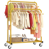 Laiensia front view gold garment rack showing organized clothes and benefit of open visibility
