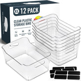 LANDNEOO front view of 12-pack clear bins showing stacked set and labels for instant organization