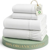 LANE LINEN front view of white California King 4pc sheet set highlighting neat packaging and eco bag