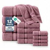 LANE LINEN front folded towels in wishful mauve showing neat presentation and softness