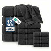 LANE LINEN front packaging showing black towel set and neat fold benefit