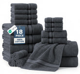 LANE LINEN front packaging of cool grey towels showing complete 18-piece set benefit