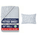 LANE LINEN front view of polka dot blue fitted sheet set showing color and pattern, promotes stylish bedding