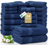 LANE LINEN front view navy towel set showing full collection and coordinated color