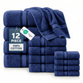LANE LINEN front view of navy 12-piece set showing completeness and value