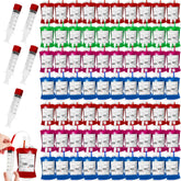 Lansian front view of 80-pack blood IV drink bags showcasing contents and accessories
