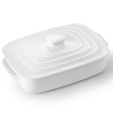 Lareina front view of white ceramic casserole showing oven-ready design and elegant serving