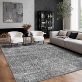 Latte&Fog front view of 5x7 grey rug showing full design and proportions