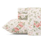 Laura Ashley front view of queen sheet set showing coral floral design and inviting look