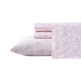Laura Ashley queen sheet set front view showing pink floral and tidy styling for elegant bedding