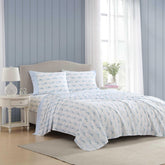Laura Ashley queen sheet set front view showing neat fit and tailored look