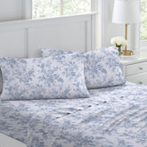 Laura Ashley Vanessa Blue flat lay showing full sheet set and calming color