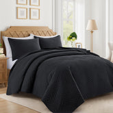 Lavsiry front view of quilt set showing striped design and neat edges, enhances bedroom style