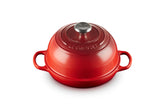Le Creuset front view showing Cerise finish and oven benefit of even heat