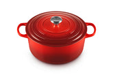 Le Creuset front view showing Cerise color and full pot for stylish serving