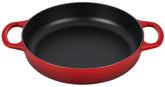 Le Creuset Cerise front view showing vibrant color and pan shape, durable finish benefit
