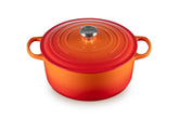 Le Creuset front view of Flame Dutch oven showing vibrant finish and durability