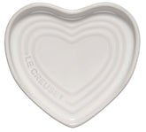 Le Creuset heart spoon rest front view showing elegant white glaze and tidy utensil storage