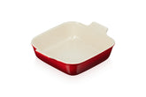 Le Creuset Heritage Square front view showing cerise color and oven-to-table appeal