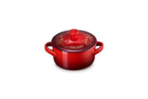Le Creuset mini cocotte front view showing cerise color and lid for festive serving