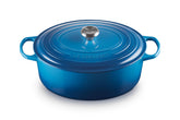 Le Creuset oval Dutch oven front view shows durable enamel and classic color benefits even heating