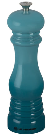 Le Creuset pepper mill front view in Caribbean color, stylish countertop accent