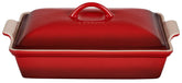 Le Creuset rectangular casserole front view showing elegant cerise finish and durable design