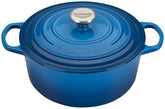 Le Creuset front view of round Dutch oven showing Marseille color and versatile design benefit