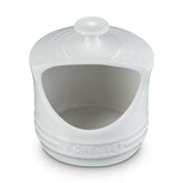 Le Creuset white salt crock front view showing compact design and durable enamel finish for countertop convenience