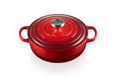 Le Creuset front view of Cerise sauteuse showing shape and finish, durable everyday use