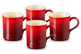 Le Creuset front view of four Cerise Vancouver mugs showing matching set and color