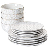 LE TAUCI front view of the 12-piece set showing plates and bowls, durable and elegant