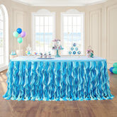 leegleri front view table skirt showing full ocean-blue ruffles and festive look