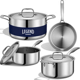 LEGEND COOKWARE front view showing complete 7-piece set and durability benefit