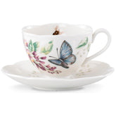 Lenox front view of teacup and saucer showing blue butterfly design and elegant shape