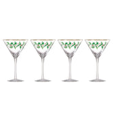 Lenox martini glasses front view showing holly decal and elegant silhouette for festive tables