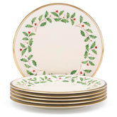 Lenox front view of six Holiday dinner plates showing festive table readiness