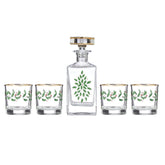 Lenox decanter and glasses front view showing holly design and festive appeal