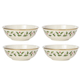 Lenox front view of four holiday bowls showing holly motif and festive appeal