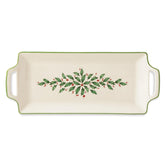 Lenox tray front view showing holly motif and holiday elegance