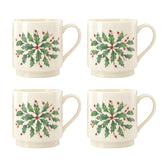Lenox mug front view showing holly illustration and elegant ivory finish benefits display