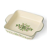 Lenox front view of square baking dish showing holiday pattern and serving-ready presentation