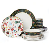 Lenox porcelain set front view showing plates and bowls with festive imagery