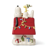 Lenox Snoopy candy jar front view showing festive design and display benefit