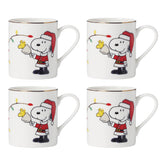 Lenox Snoopy mug set front view showing four festive Peanuts designs for holiday charm
