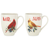 lenox front packaging mug set showing festive cardinals and evergreen boughs, perfect holiday gift