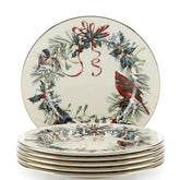 Lenox Winter Greetings front view showing holiday bird motif and gold trim, enhances festive tables