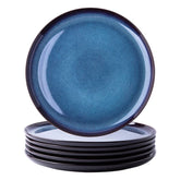 LERATIO front view of six 10.5-inch plates arranged neatly, showcasing vibrant reactive glaze and elegant table presence