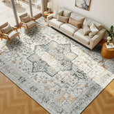 Lessymo front view of 8x10 taupe rug showing vintage medallion and room-ready warmth