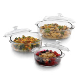 Libbey Baker's Basics front view showing three glass casserole dishes and lids, easy selection